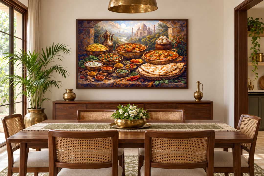 Traditional Indian food painting on canvas in a walnut frame above a wooden dining table.