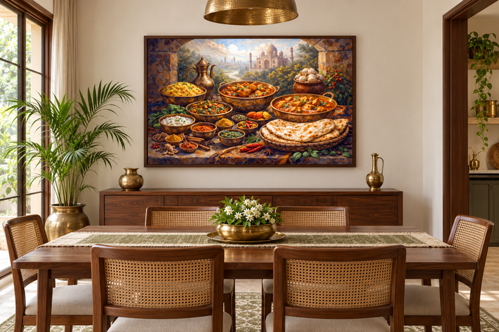 Traditional Indian food painting on canvas in a walnut frame above a wooden dining table.