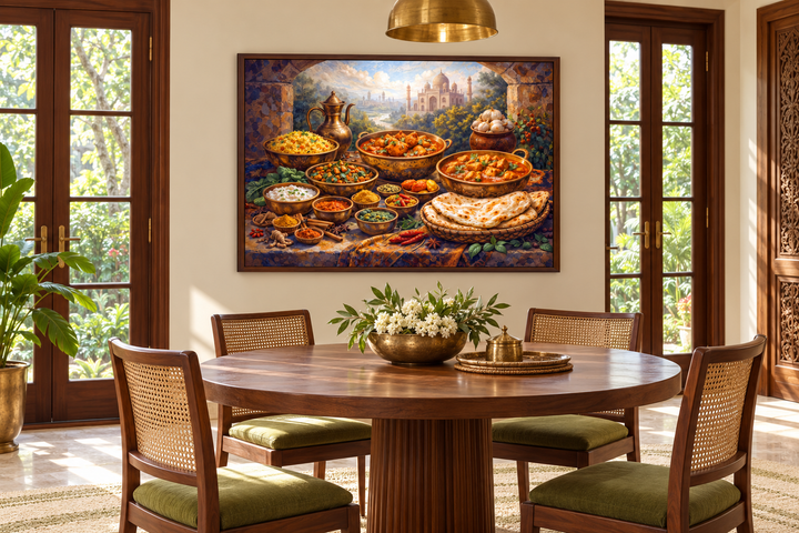 Traditional Indian food painting on handcrafted canvas print in a sunlit dining room.