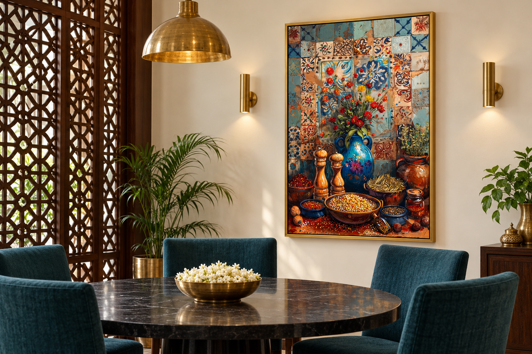 Spices and herbs Indian kitchen framed canvas wall art in a dining room setting.