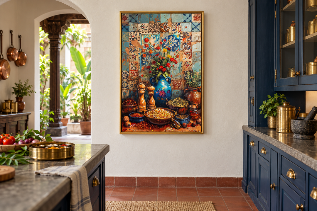 Spices and Herbs Indian Kitchen Framed Canvas Wall Art in a gold frame on a white kitchen wall.