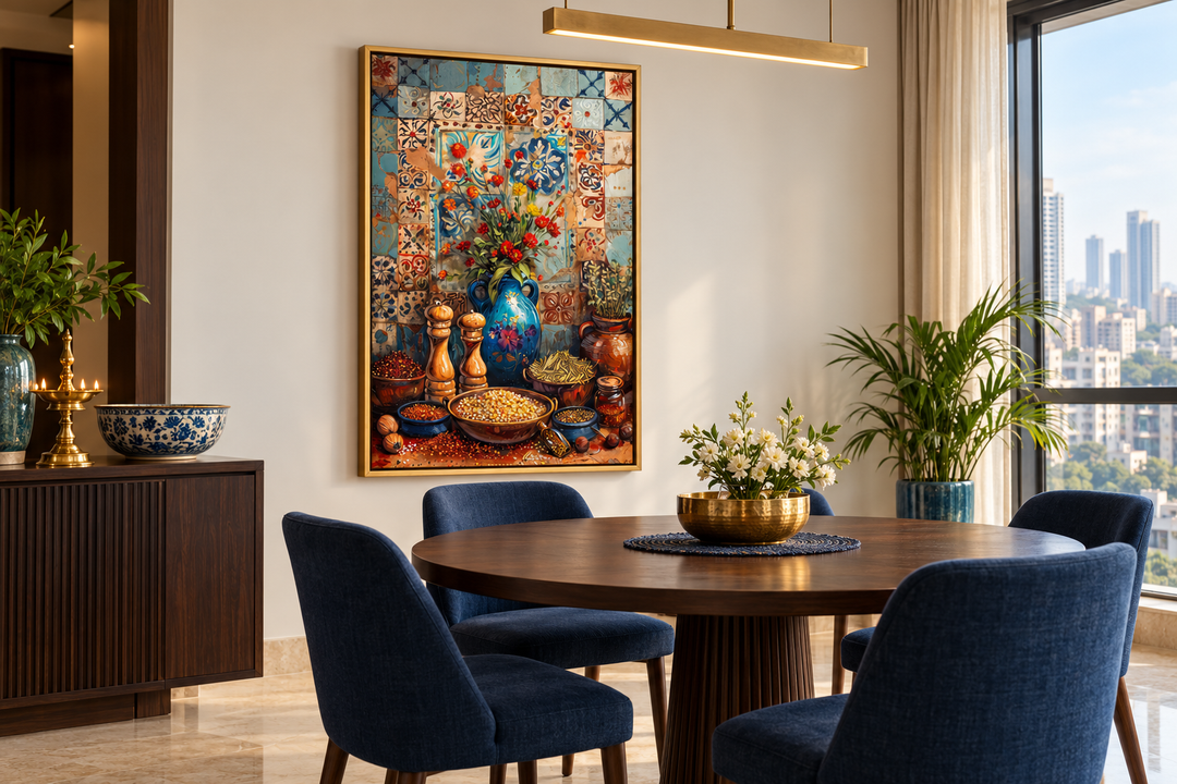 Spices and Herbs Indian Kitchen framed canvas wall art in a modern dining room with blue chairs.