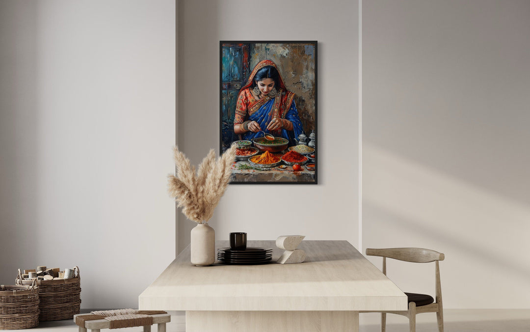 Indian Kitchen Wall Art - Indian Woman Cooking Painting Canvas Home Decor