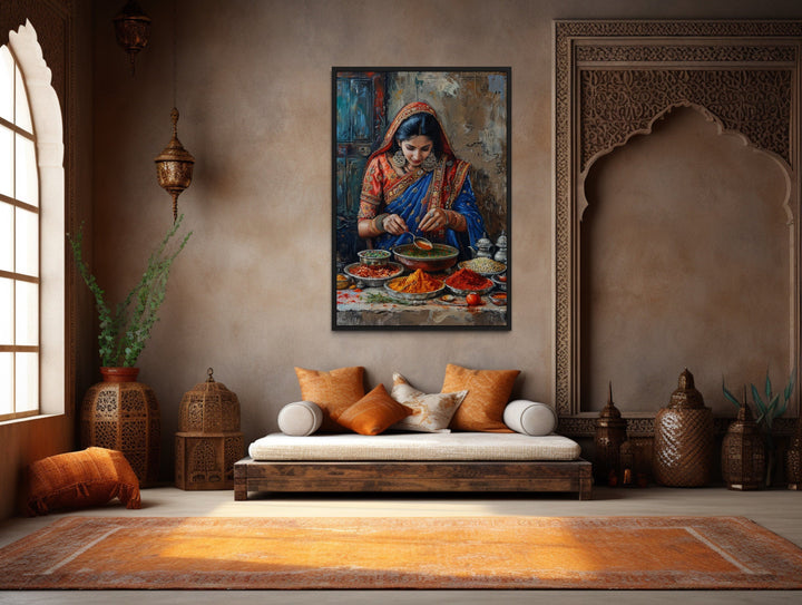 Indian Kitchen Wall Art - Indian Woman Cooking Painting Canvas Home Decor