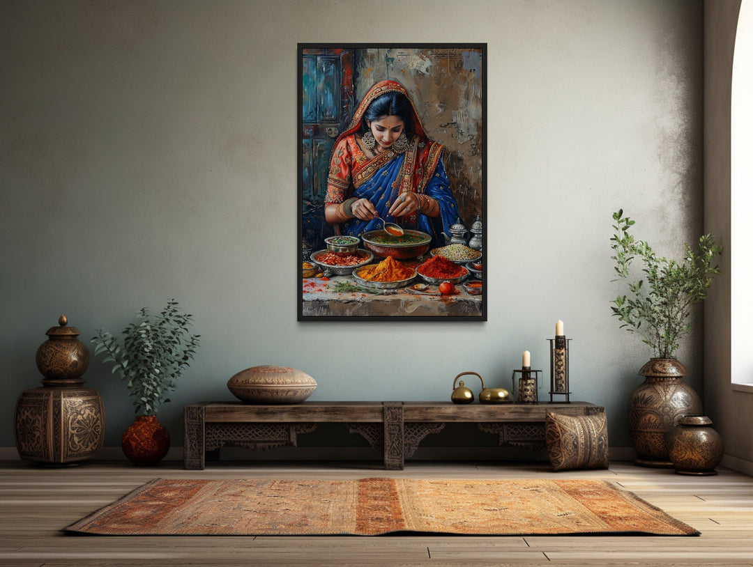 Indian Kitchen Wall Art - Indian Woman Cooking Painting Canvas Home Decor