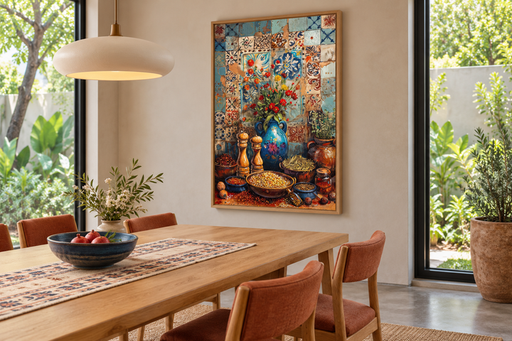 Framed canvas wall art of Indian spices and herbs in a modern dining room with wooden furniture.