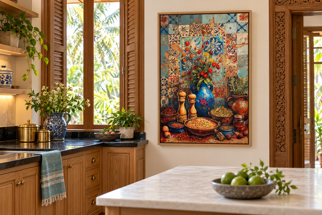 Spices and Herbs Indian Kitchen Framed Canvas Wall Art in a rustic kitchen setting.