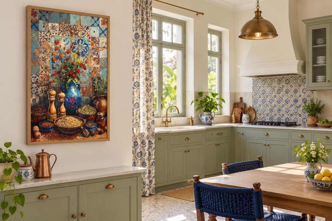 Spices and Herbs Indian Kitchen framed canvas wall art in a rustic green kitchen setting.