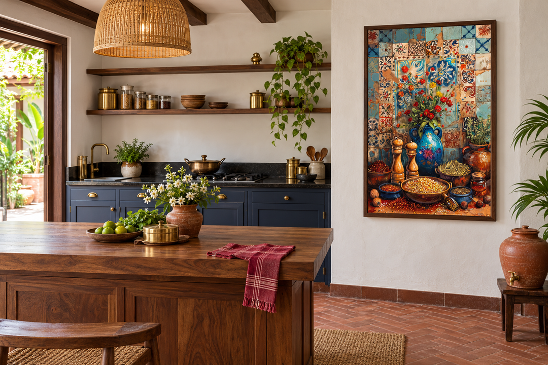 Spices and Herbs Indian Kitchen Framed Canvas Wall Art in a rustic kitchen setting.