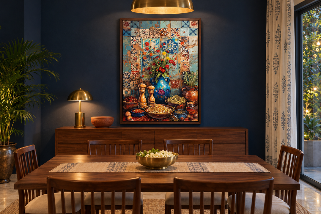 Spices and Herbs Indian Kitchen framed canvas wall art above a wooden sideboard in a dining room.