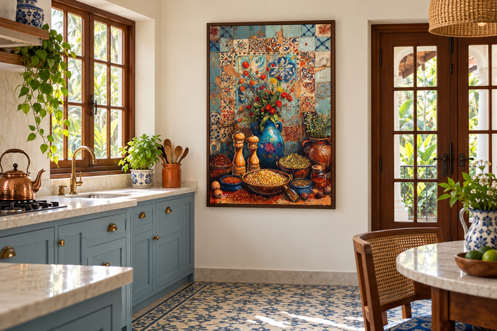 Spices and Herbs Indian Kitchen Framed Canvas Wall Art in a blue and white tiled kitchen.