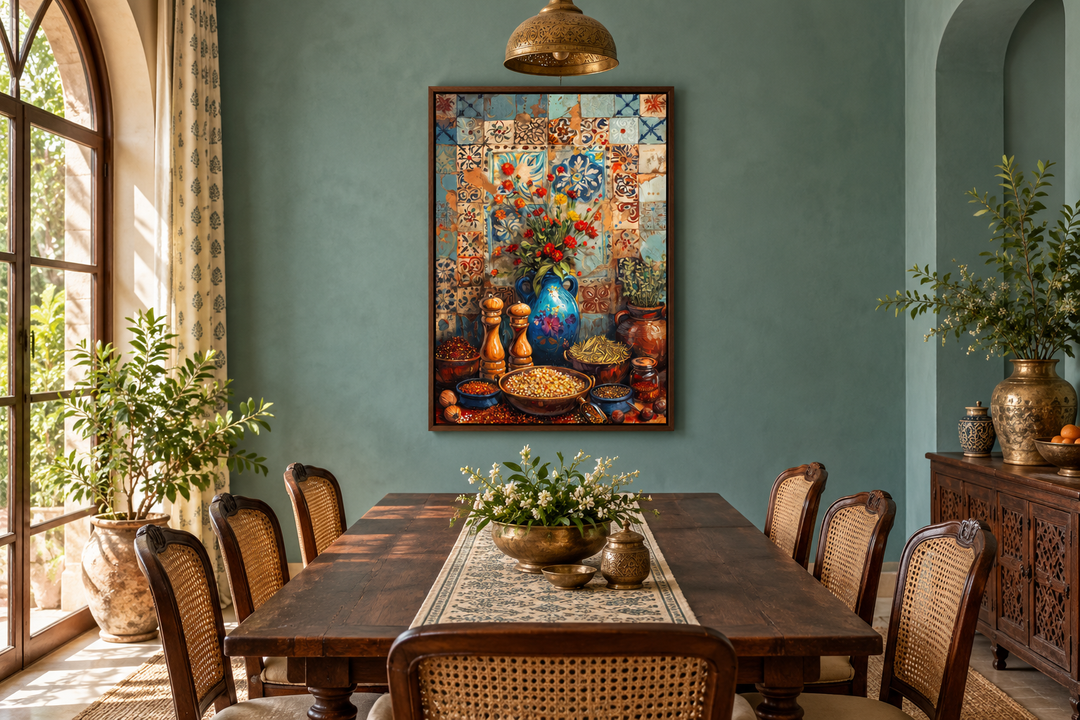 Spices and Herbs Indian Kitchen Framed Canvas Wall Art in a rustic dining room with teal walls.