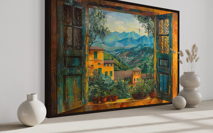 Indian Landscape View Through Open Window Framed Canvas Wall Art