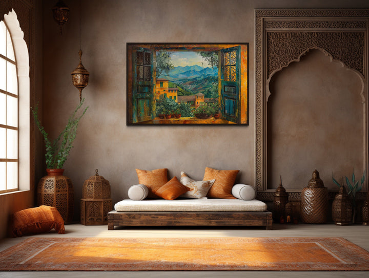 Indian Landscape View Through Open Window Framed Canvas Wall Art