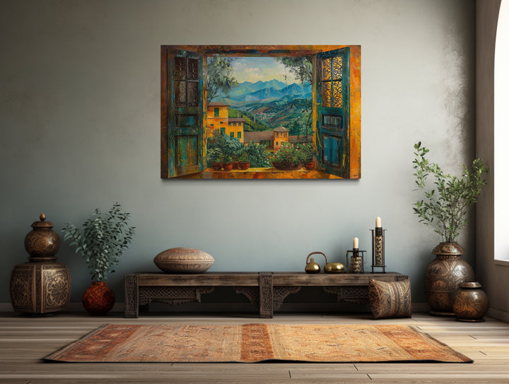 Indian Landscape View Through Open Window Framed Canvas Wall Art