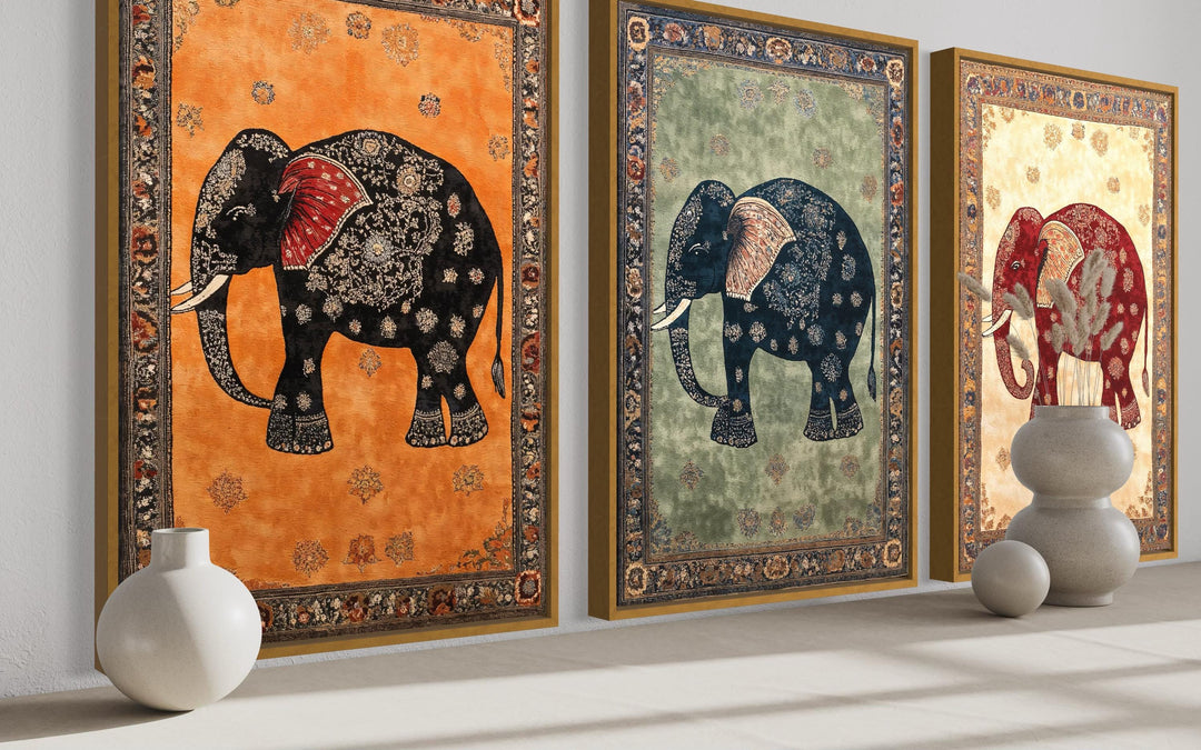 Indian Madhubani Elephant Canvas Wall Art Set of 3