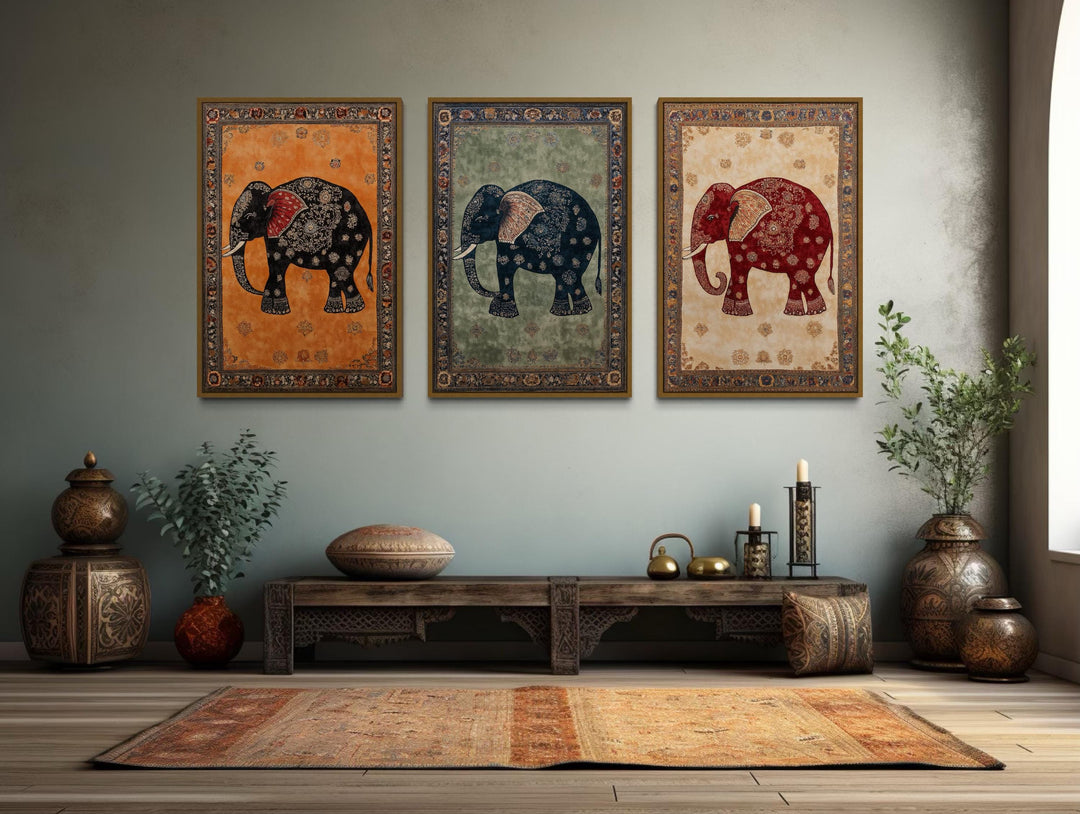 Indian Madhubani Elephant Canvas Wall Art Set of 3