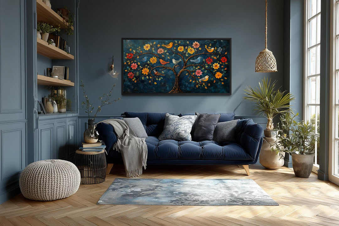 Madhubani Tree of Life canvas wall art featuring colorful birds and flowers on a dark blue background.