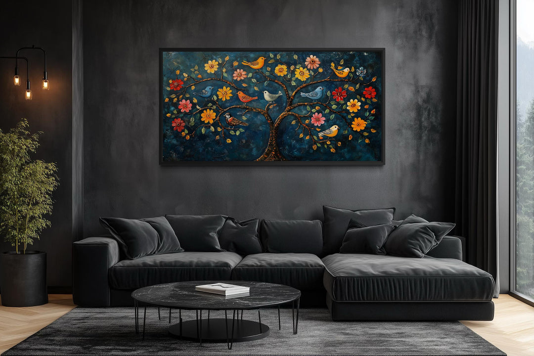 Madhubani Tree of Life canvas wall art with colorful birds and flowers in a dark modern living room.
