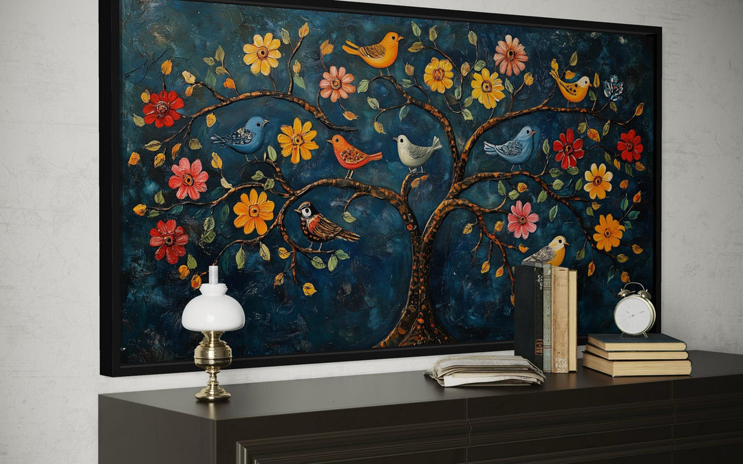 Indian Madhubani Tree of Life canvas wall art featuring colorful birds and flowers on a dark blue base.