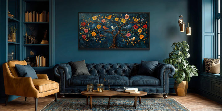 Indian Madhubani Tree of Life canvas wall art featuring colorful birds and flowers on a dark background.
