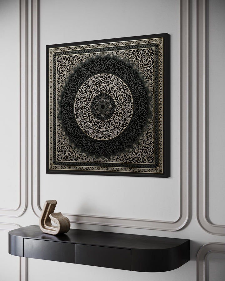 Indian Mandala Boho Black Grey Framed Canvas Wall Art