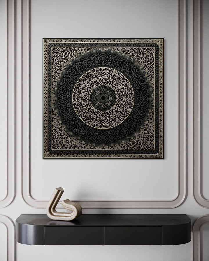 Indian Mandala Boho Black Grey Framed Canvas Wall Art