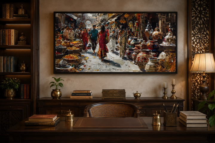 Framed Indian market painting showing a vibrant bazaar scene above a dark wood desk in a study.