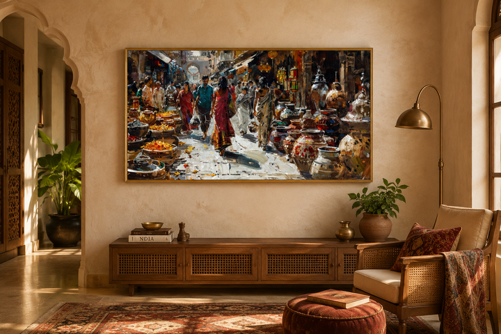 Framed canvas painting of a vibrant Indian bazaar scene above a wooden sideboard in a warm room.