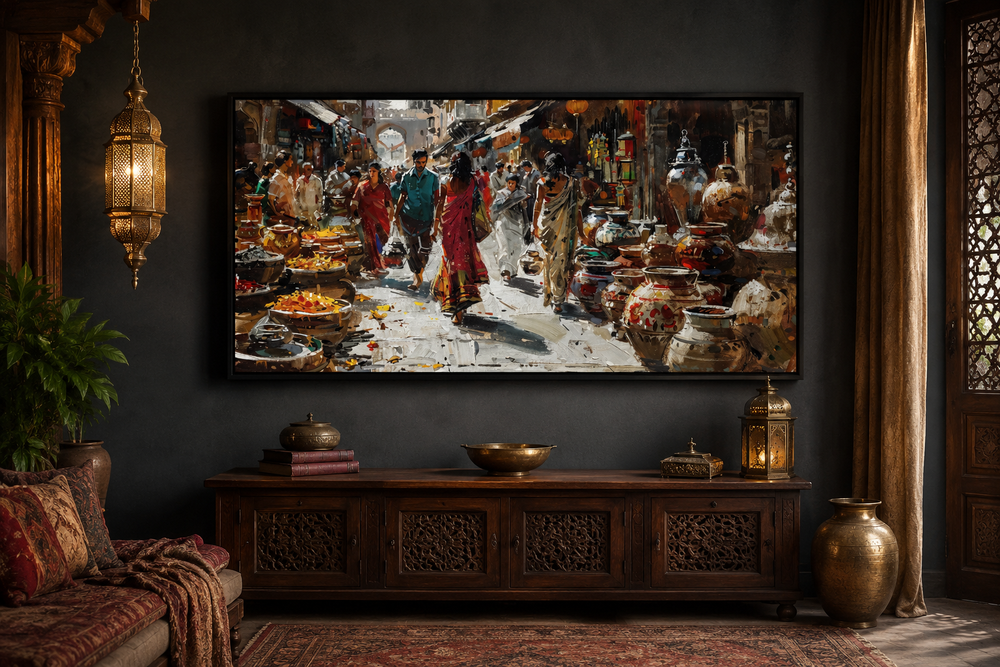 Framed canvas painting of a vibrant Indian market scene hanging in a dark, traditional room.