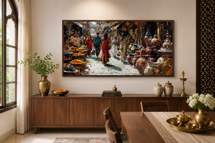Framed canvas painting of a vibrant Indian bazaar scene above a wooden sideboard in a dining room.