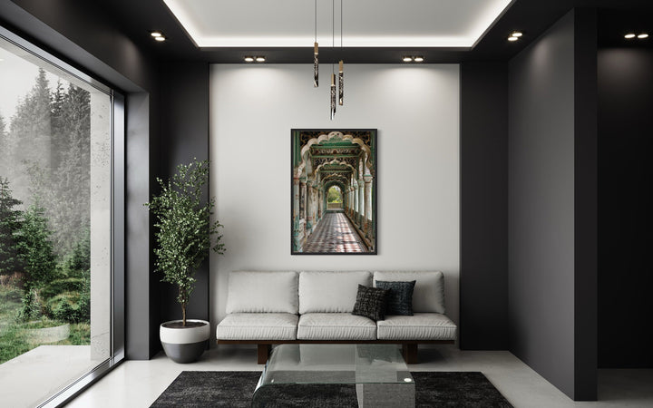 Indian Mughal Architecture Framed Canvas Wall Art above a sofa in a modern living room.