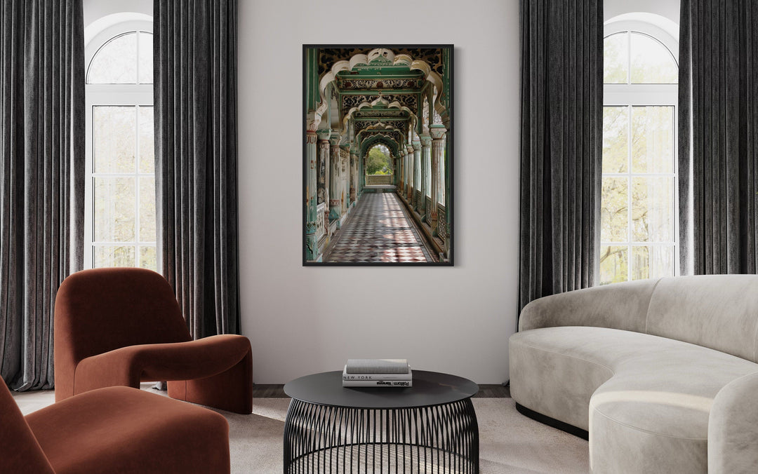 Indian Mughal Architecture Framed Canvas Wall Art featuring a detailed green and gold hallway.