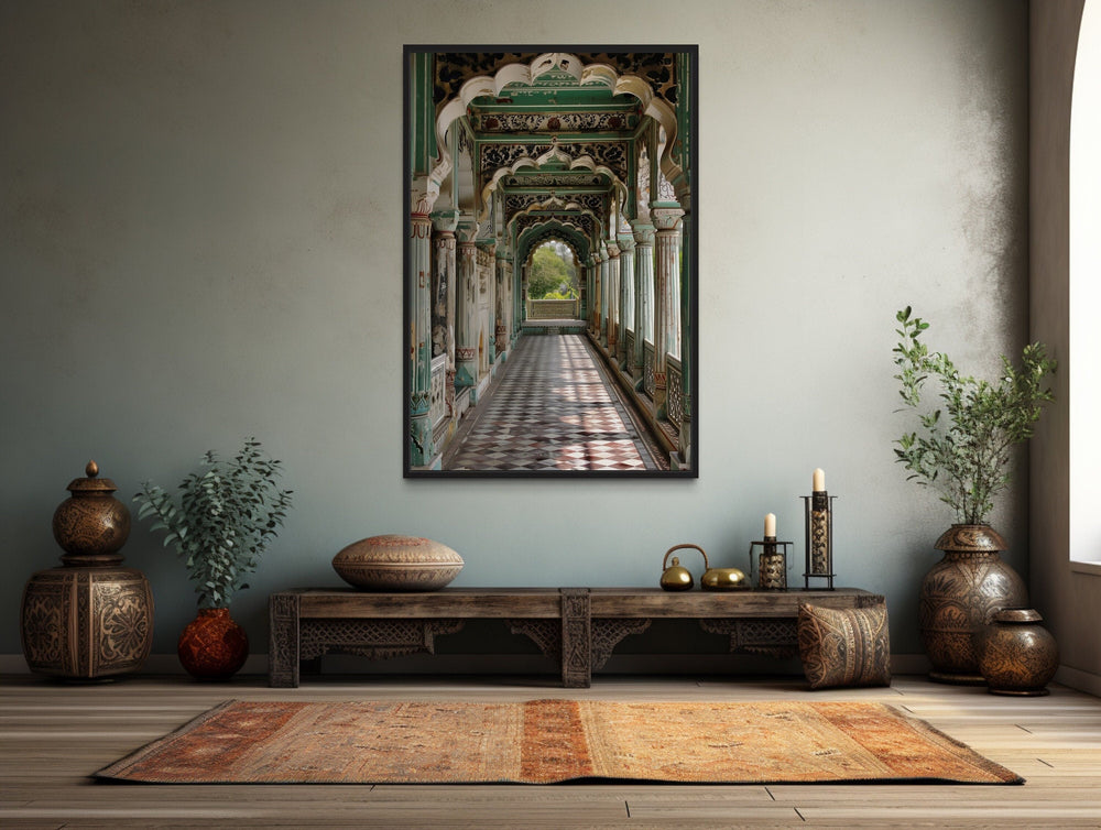 Framed canvas wall art of a historic Indian Mughal hallway with ornate arches and checkered floors.