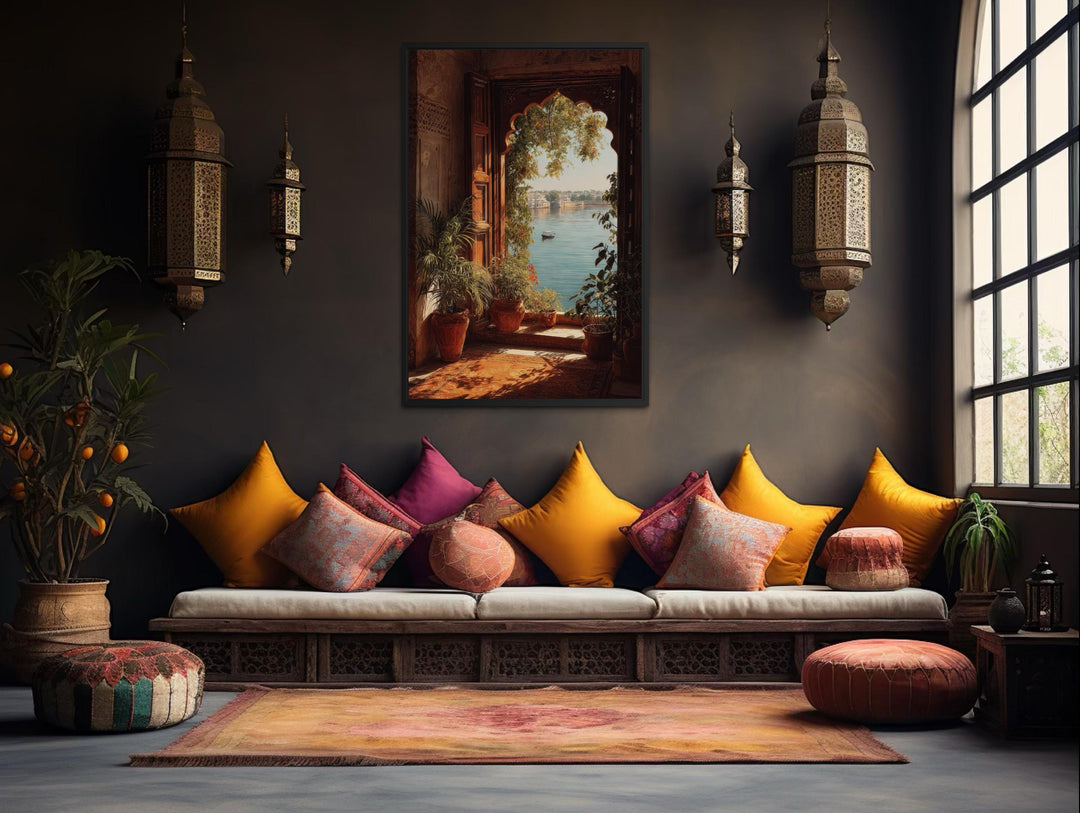 Vertical canvas print of an ornate arched palace window overlooking a serene lake in a boho room.