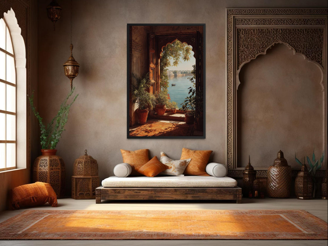 Vertical canvas print of an arched Indian palace window overlooking a serene lake in a boho room.