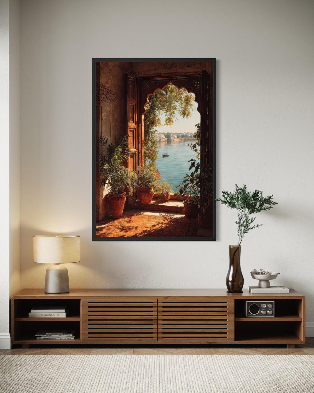 Vertical canvas print of an arched Indian palace window overlooking a serene lake in a boho room.