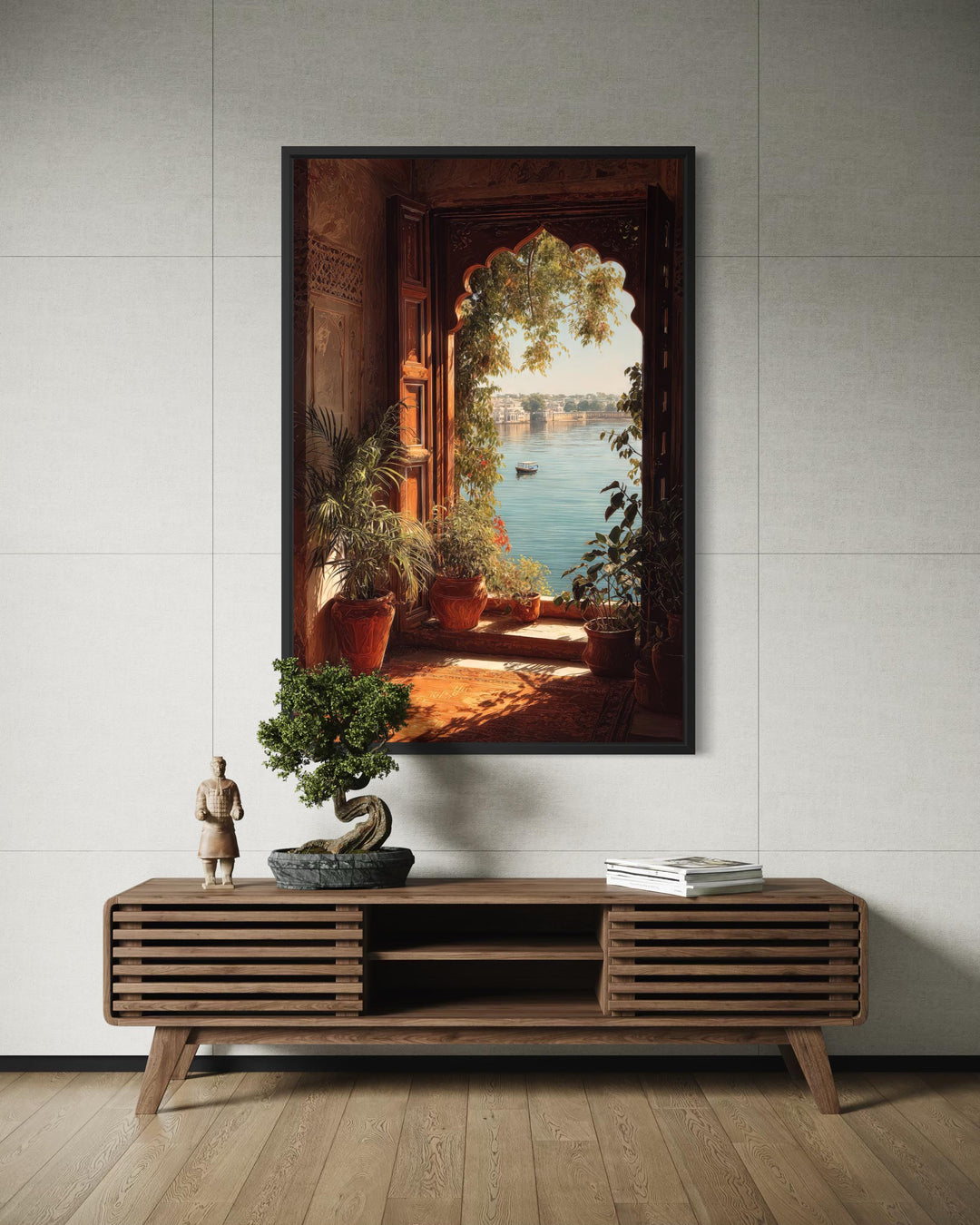 A vertical canvas print of an ornate Indian palace window overlooking a serene lake.