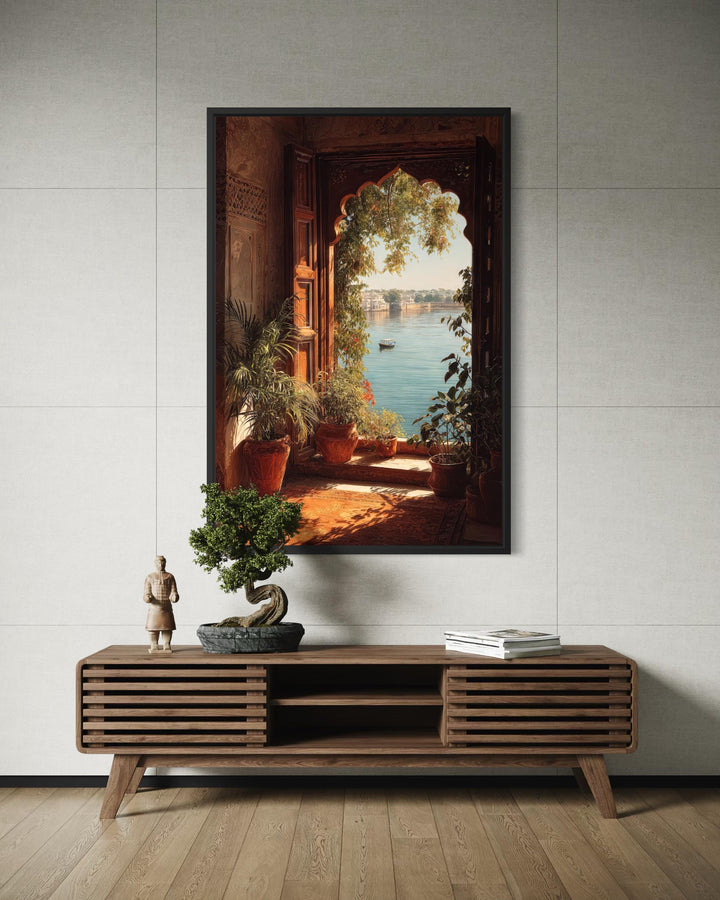 A vertical canvas print of an ornate Indian palace window overlooking a serene lake.