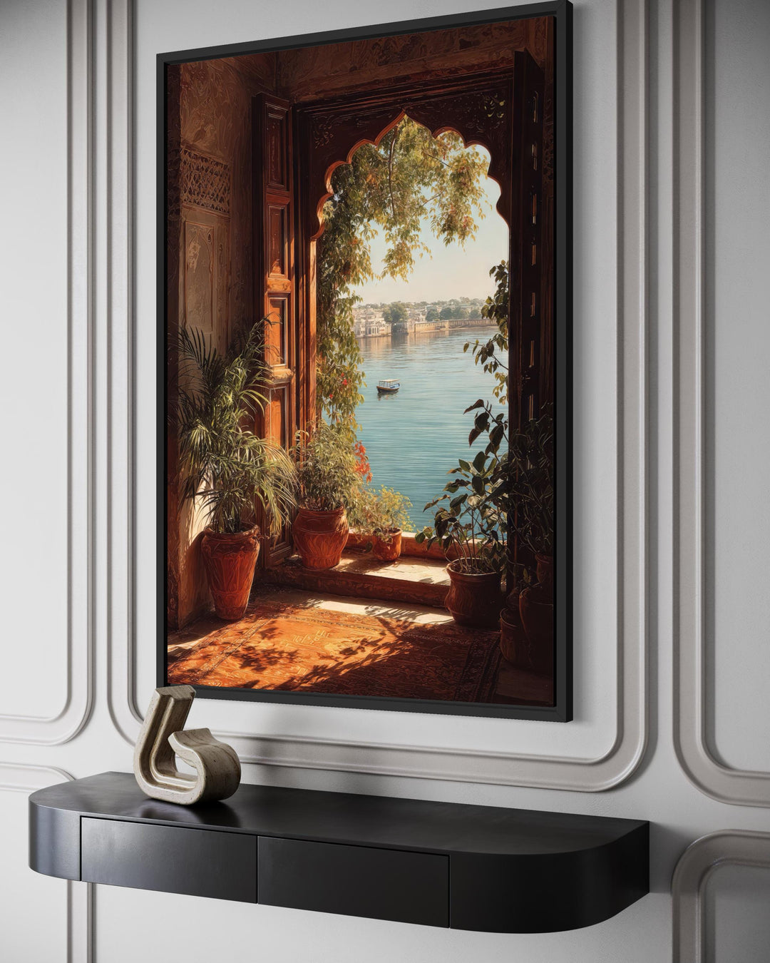 Vertical canvas print of an arched Indian palace window overlooking a serene lake with potted plants.