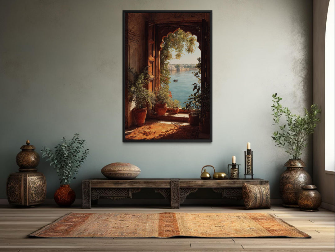 Vertical canvas print of an arched Indian palace window overlooking a serene lake in a boho room.