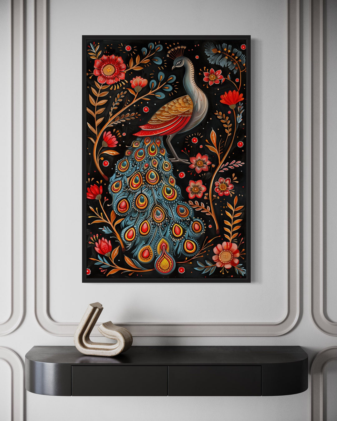 Indian Peacock Madhubani Style Framed Canvas Wall Art