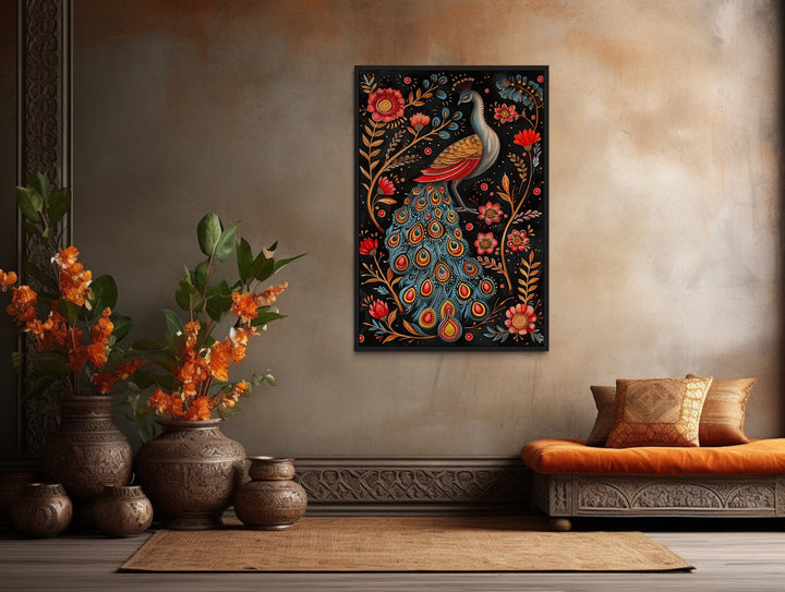 Indian Peacock Madhubani Style Framed Canvas Wall Art