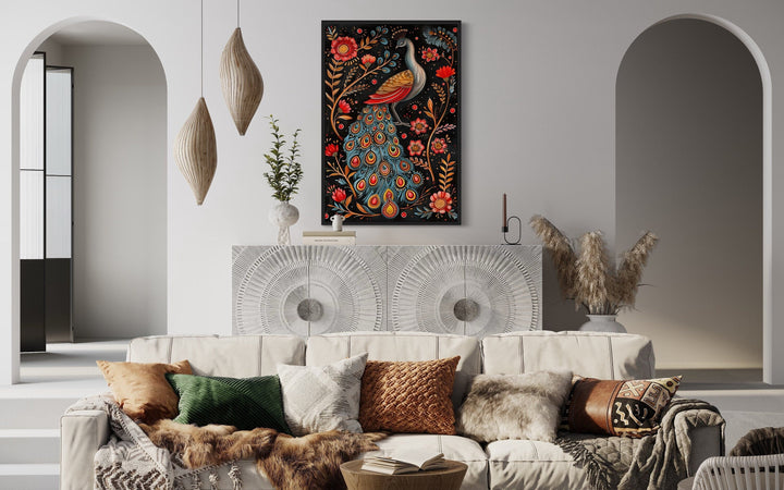 Indian Peacock Madhubani Style Framed Canvas Wall Art