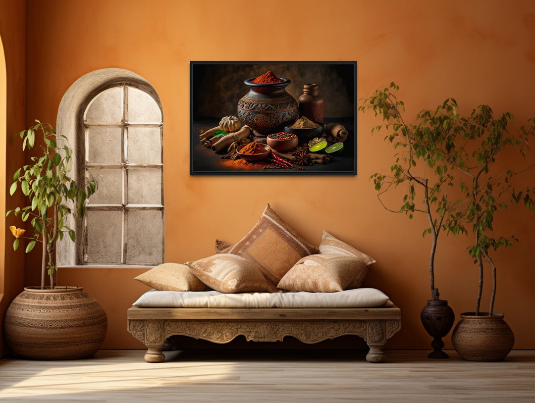 Indian Spices And Herbs Framed Canvas Wall Art For Kitchen Decor