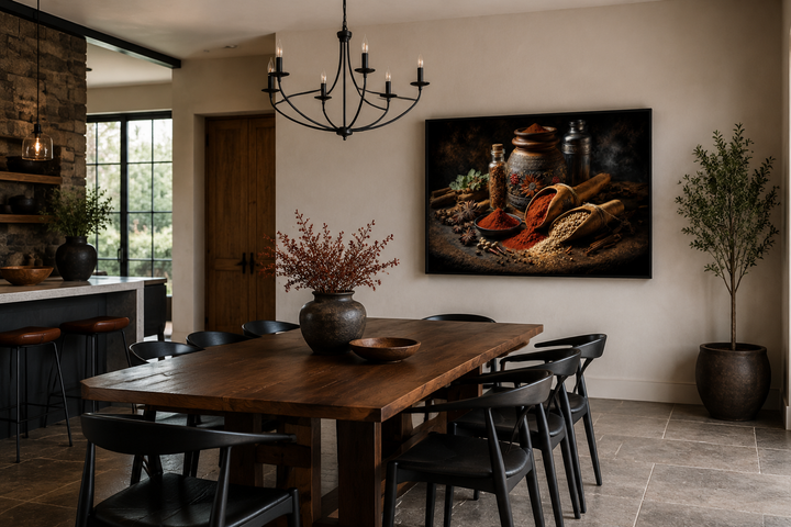 Framed kitchen wall art of Indian spices and herbs in a modern dining room setting.