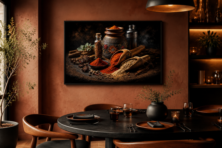Framed wall art of Indian spices and herbs in a modern dining room setting.