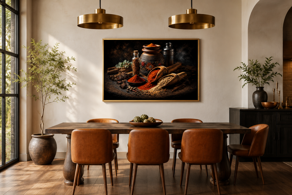 Framed wall art of Indian spices and herbs hanging above a wooden dining table with leather chairs.
