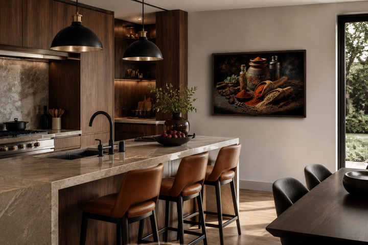 Indian Spices and Herbs framed wall art displayed in a modern kitchen with wooden cabinets.