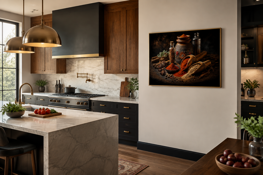 Framed wall art of colorful Indian spices and herbs displayed in a modern kitchen setting.